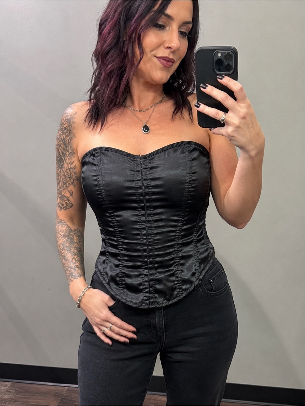 Dreamgirl Black Satin Corset Bustier Y2K Lace Up Top